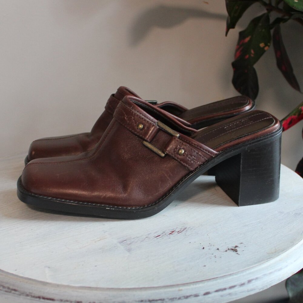 Bass Vintage Brown Leather Square Toe Block Heel Mules US7.5 - Picture 5 of 9